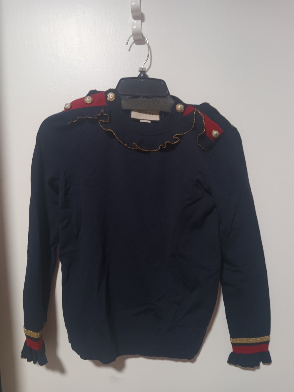 Gucci Navy Crewneck Sweater with Red Shoulder Accents and Gold Trim XS